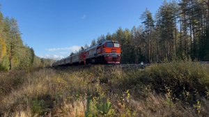 «Подмигнул!» Тепловоз ДМ62-1843 с электропоездом ЭТ2-023 на перегоне, октябрь 2025 года