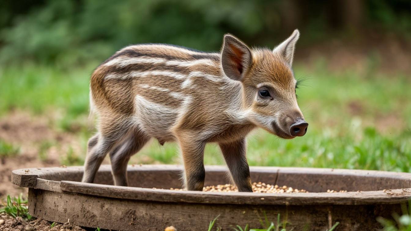 Поросенок дикого кабана ест на кормушке
