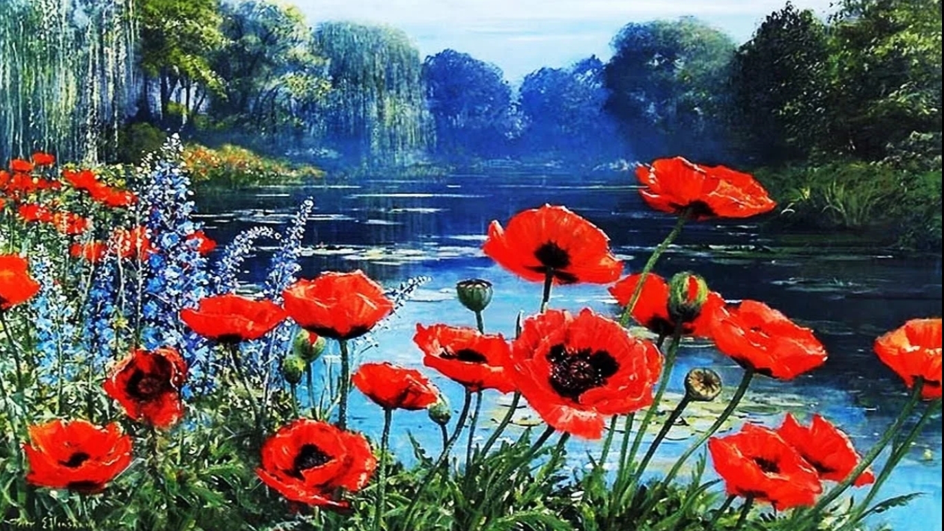 Маки на берегу озера. смотреть онлайн