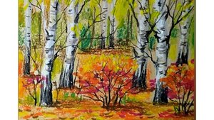 Золотая осень в березовой роще. Пастель.