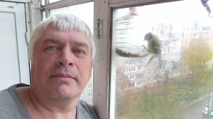 Геннадий Горин возле окна. Птица синица прилетела к кормушке