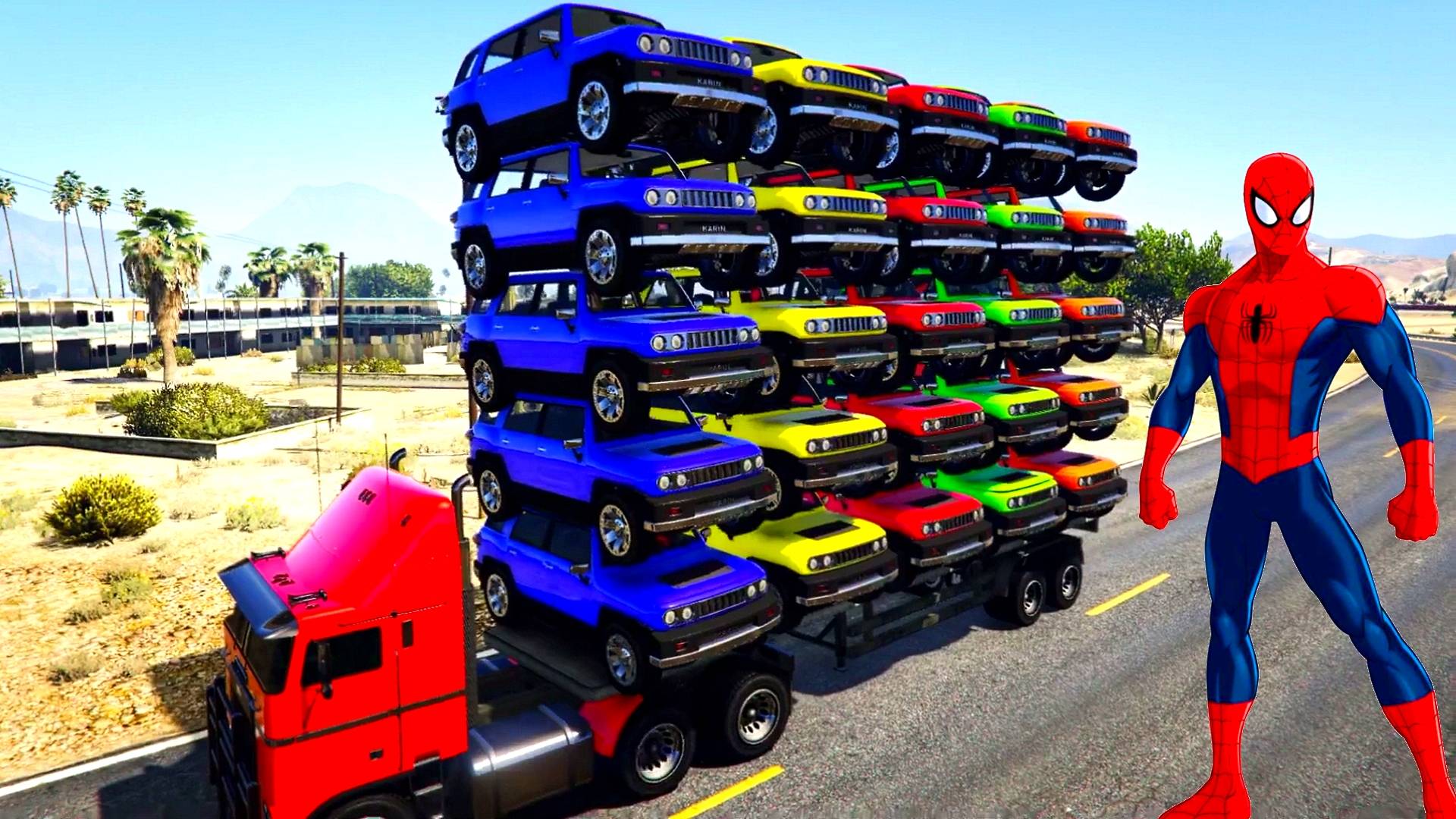 МАШИНКИ и ВНЕДОРОЖНИКИ ЧЕЛОВЕК-ПАУК на ГРУЗОВИКЕ с Прицепом Мультик про машинки Мультфильм для детей