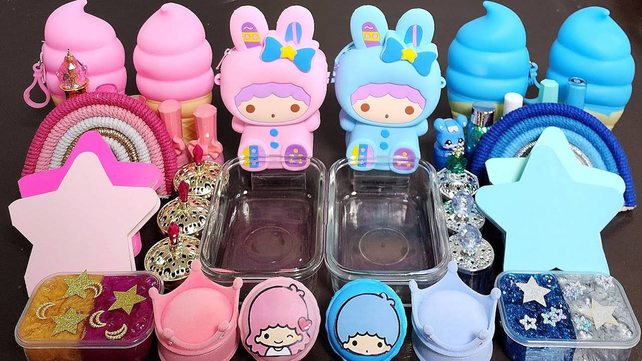 ASMR Маленькая звезда-близнец, розовая и голубая, смешивает глиттер для макияжа в Slime ASMR