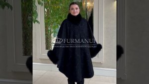Пончо из драпа с отделкой мехом песца, 39921