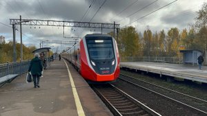 «Осенний!» Электропоезд «Финист» ЭС104-038 на пл.Сосновая Поляна и Университетская, октябрь 2025