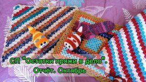 СП "Остатки пряжи в дело". Отчёт. Октябрь. Связала ковёр, 2 сидушки, 2 игрушки и носки.