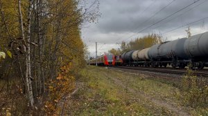 «Осенняя встреча!» ЧМЭ3Т-6913 с вывозным поездом и «Ласточка» ЭС2Г-123 на перегоне, октябрь 2025 г