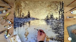 Декорируем холст золотой поталью и пишем красивый пейзаж