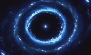 Чёрная дыра, окружённая завихряющимся бело-голубым светом и светящимися частицами