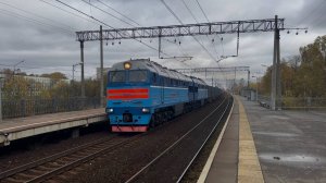 «Синяя с валютой!» Тепловоз 2ТЭ116У-0054 с грузовым поездом на пл.Сосновая Поляна, октябрь 2025 г