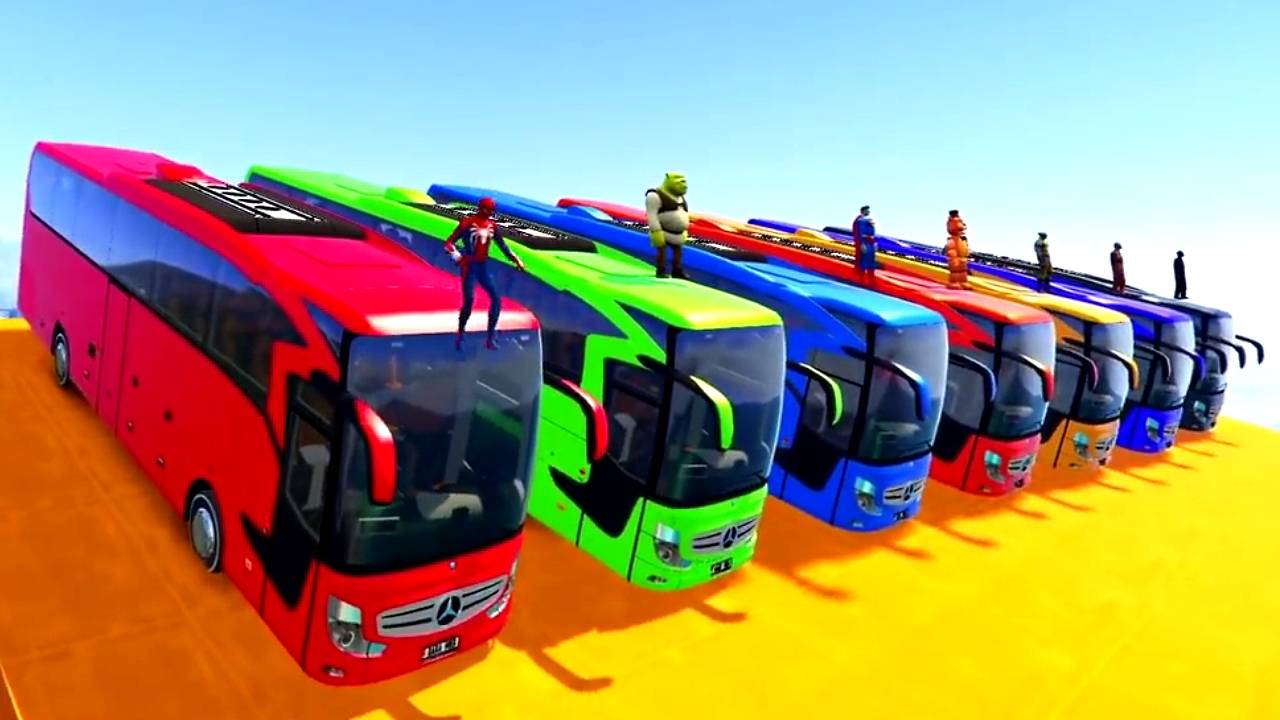 Человек-паук и Цветные Большие Автобусы. Супергеройский Паркур-Челлендж. Мультфильм для детей.