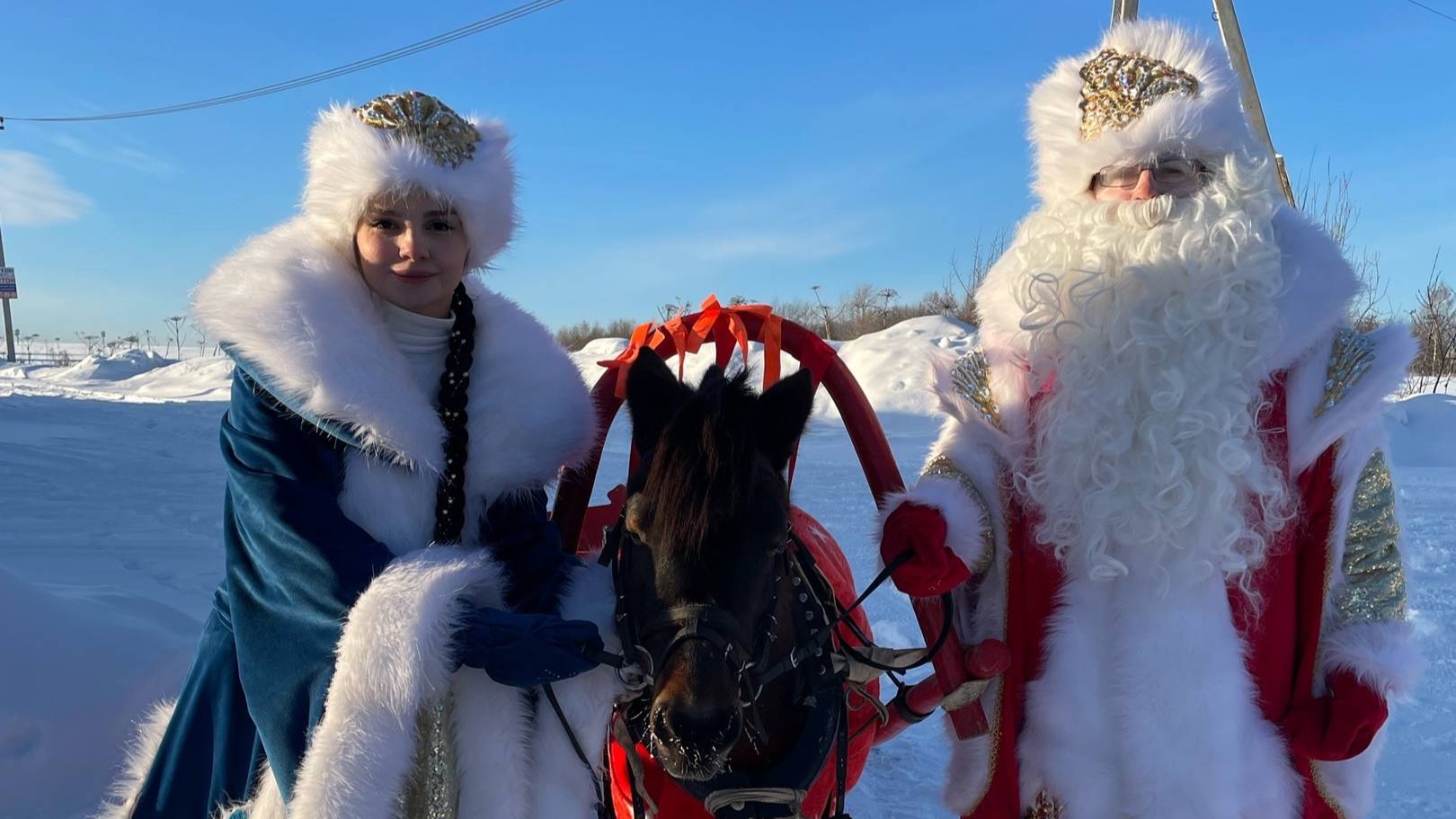 Дед мороз и Снегурочка в санях с лошадкой смотреть онлайн