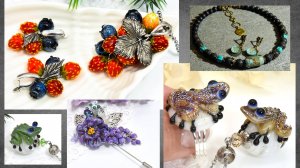 Украшения с ягодами из стекла ручной работы. Кулон и кольцо с лягушатами. Чокер. Брошь с агатом.