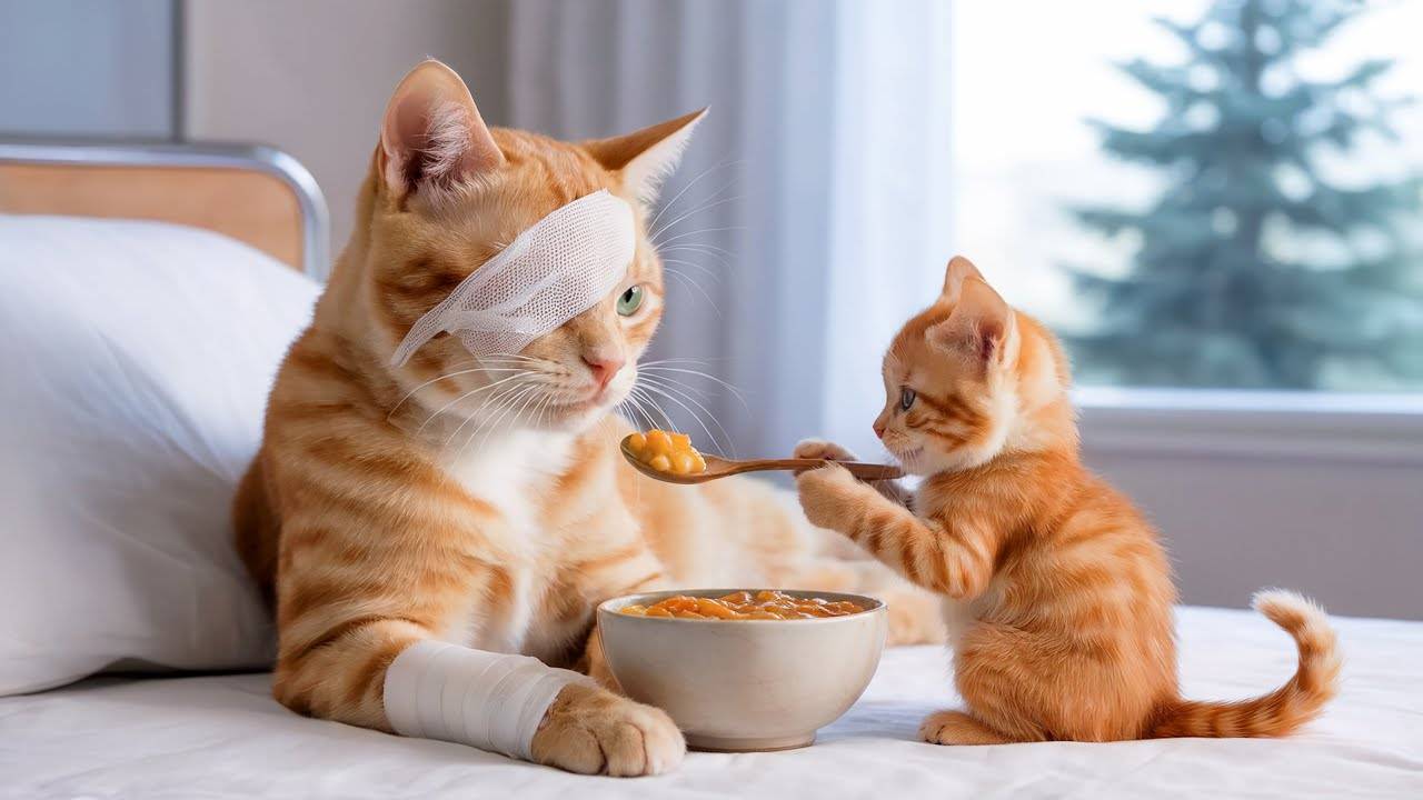 😹Маленький котёночек кормит маму кошечку и ухаживает за ней🔥