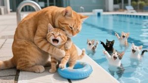 Бедного рыжего котёнка дразнят за то, что он не умеет плавать, мама-кошка отправляет его на плаванье