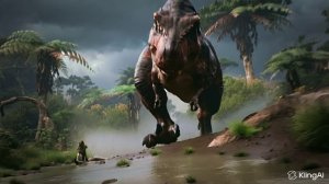 Тиранозавр бежит за человеком