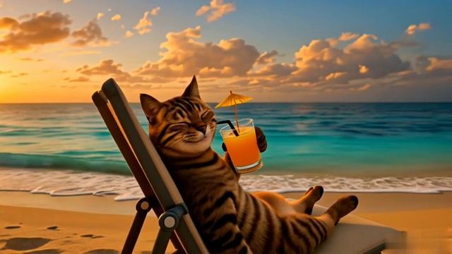 Кот барсик в отпуске попивает коктейль🍸 пляж море🌊 смотреть онлайн