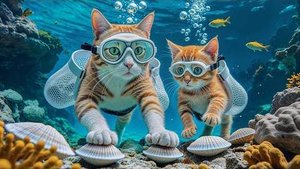 Свежее устричное пиршество мамы-кошки и котёнка, мирный день у моря🐱🐟🌤️
