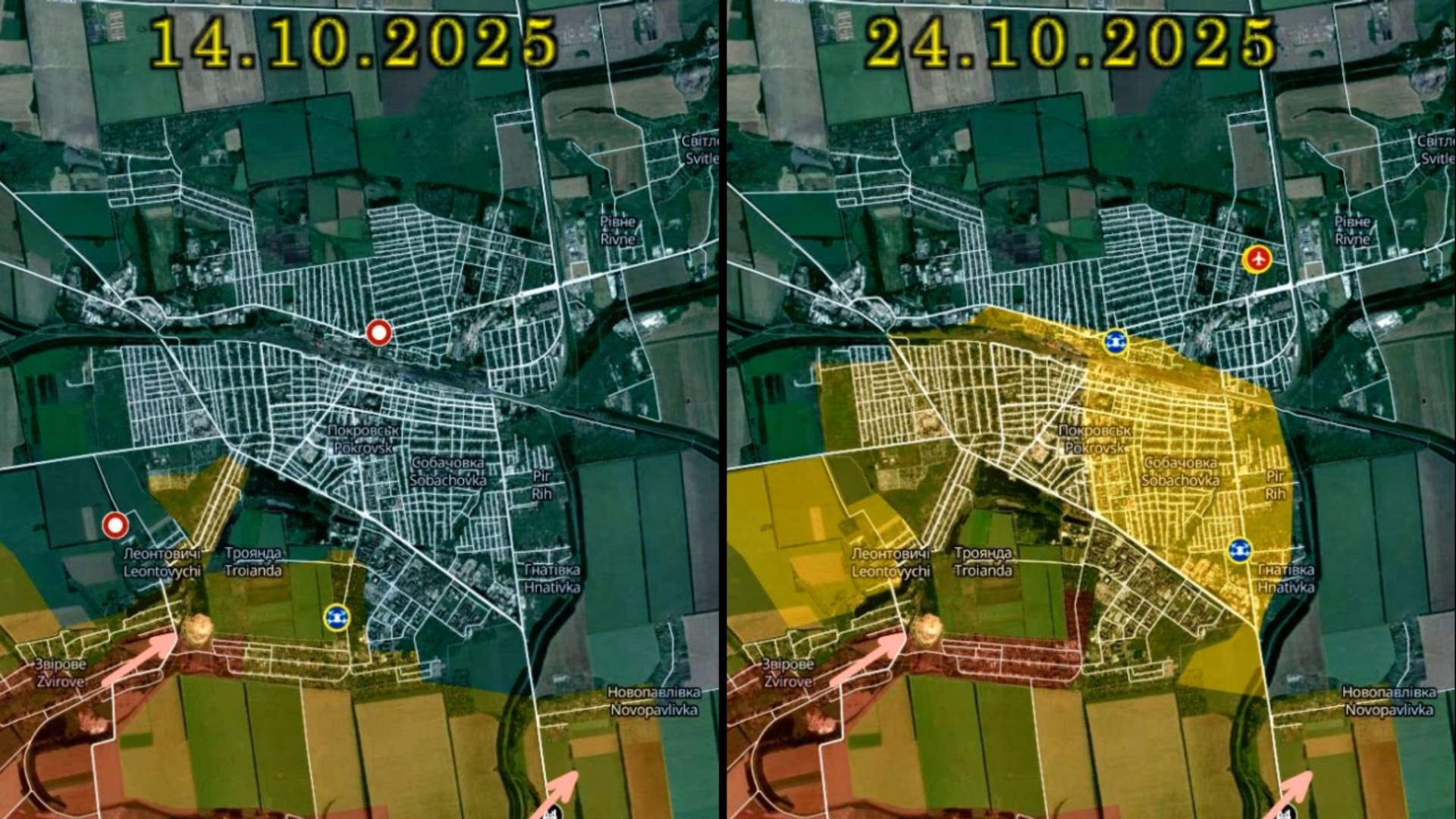 Карта боевых действий за Покровск с 14 по 24 октября 2025 года