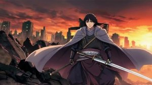 Аниме-персонаж с развевающимся на ветру плащом и мечом катаной, на фоне пылающего заката