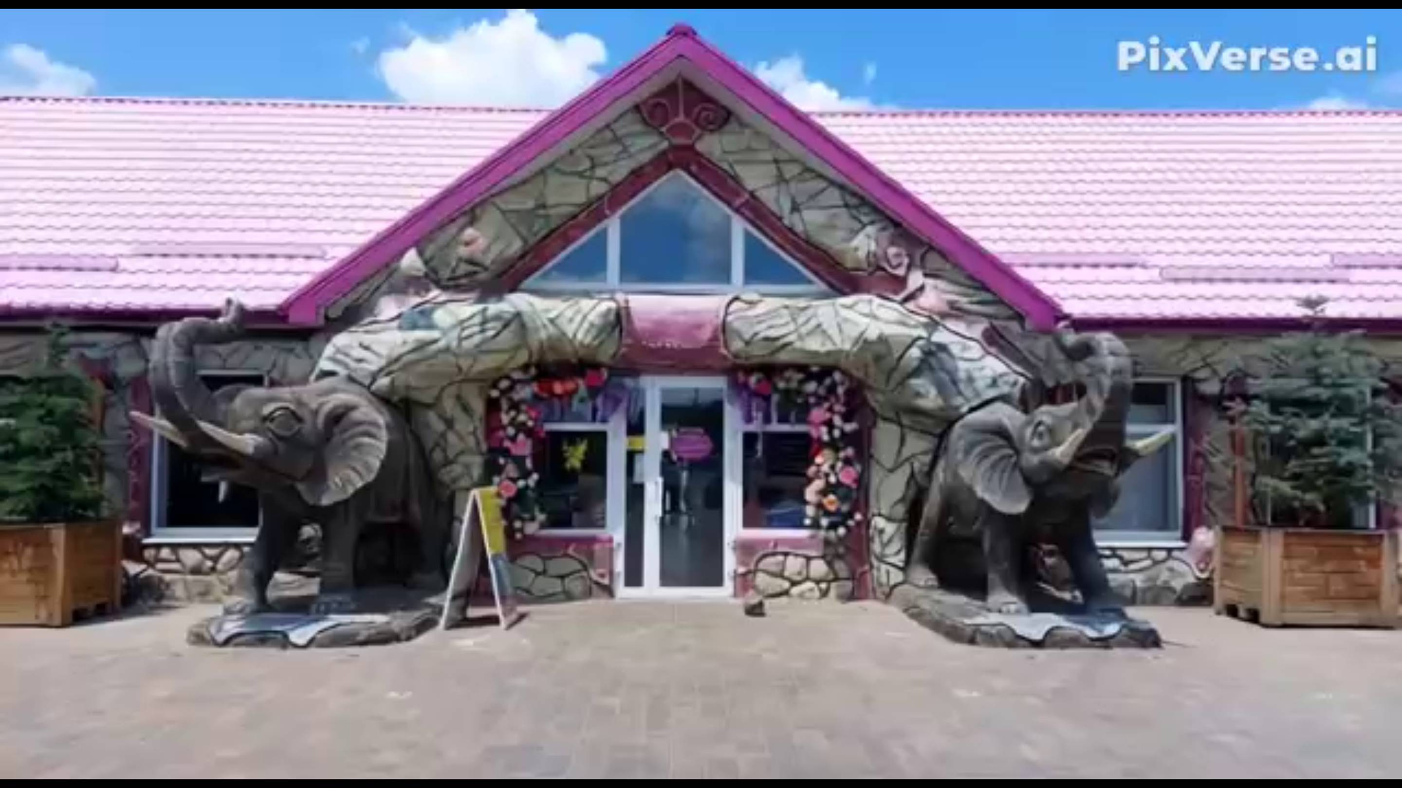 оформление фасада стен. вход в парк Еленовка.скульптуры слонов арт бетон.