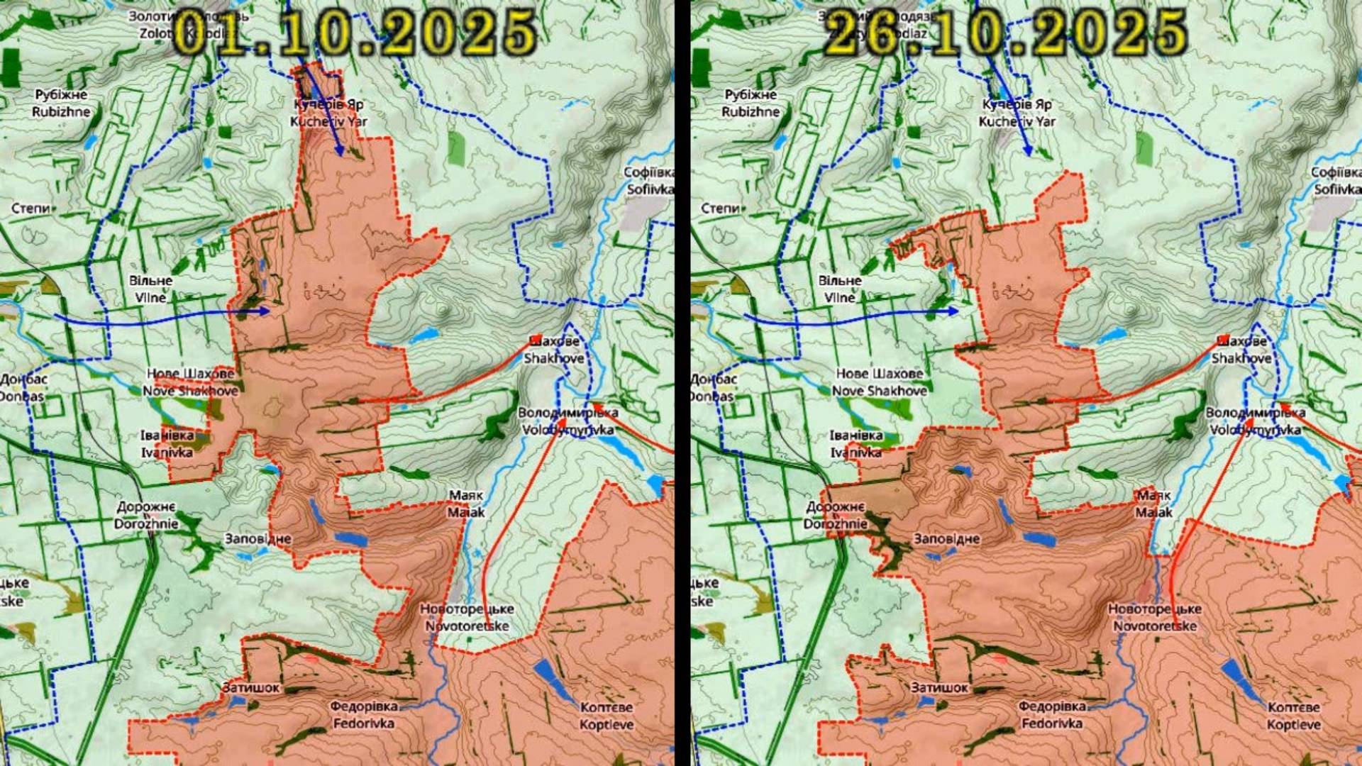 Карта боевых действий. Изменение линии фронта у Кучеров Яра с 1 по 26 октября 2025 года