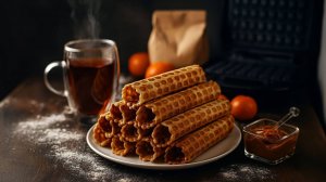Хрустящие вафельные трубочки в электровафельнице.