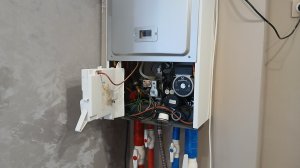 Показываю где расположен вторичный теплообменник на котле Baxi Eco Home 24F