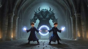 Аниме-фэнтези сцена: два молодых мага-близнеца создают защитный барьер, их взгляды полны решимости