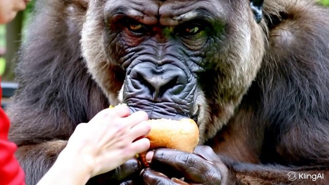 Горилла ест бургер