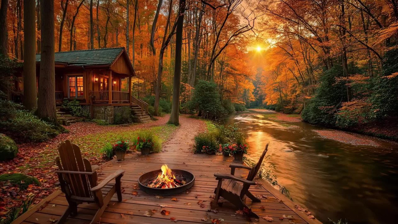 🍁🔥 Спокойный осенний вечер в лесу: домик у реки, потрескивающий костёр и мелодичное пение птиц.