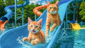 😹Мама кошечка купается со своим маленьким котёночком в аквапарке🔥