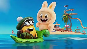 Лабубу с Миньонами на пляже. Лабубу загорает на солнышке