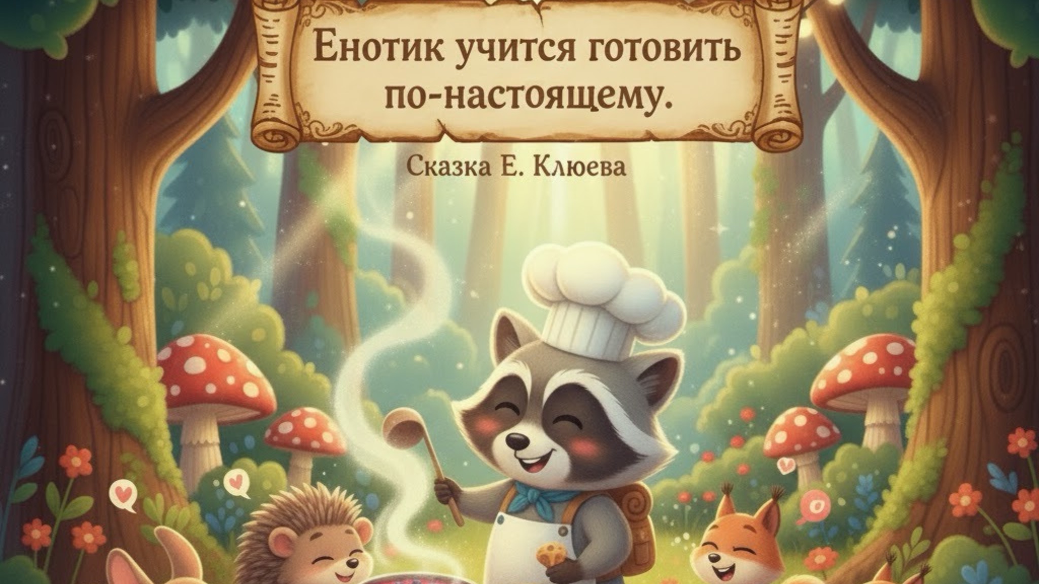 Енотик учится готовить по настоящему. Автор Е.Клюева