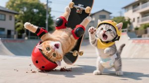 Мультики для детей, кот учится какаться на скейте, мультфильм детям