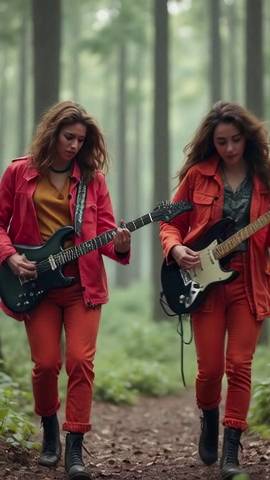 Две девушки с электрогитарами в лесу. Сгенерировано видео