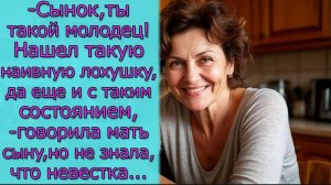 Сынок,ты нашел такую лохушку, да еще и с состоянием,- говорила мать сыну, но не знала, что невестка