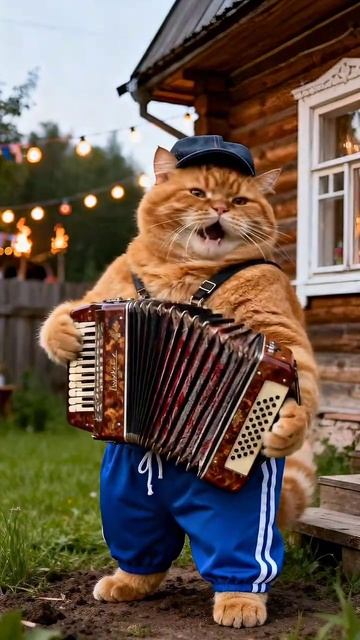 Рыжий котик играет на гармошке