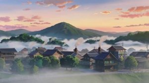 Аниме-пейзаж: горная деревня на рассвете, дым поднимается из труб, небо розовое и золотое