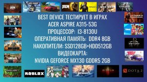 Тесты в 23 игре A315-53G i3-8130u DDR4 8GB MX130