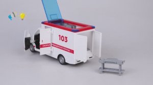 Машина Городские спасатели Скорая помощь, открываются двери, крыша, выгрузка каталки.  Код: 870888