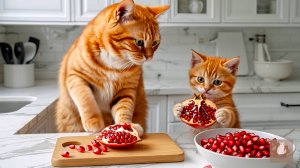 😹Мама кошечка со своим маленьким сыночком готовят вкусную еду из спелого и сочного граната🔥