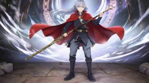 Аниме-стиль: юный маг с посохом стоит перед порталом, его плащ развивается на ветру, позади сверкающ