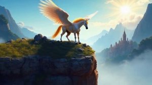Фотореалистичное искусство: крылатый конь приземляется на вершине горы среди облаков, солнечные лучи