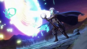 Аниме-стиль: юный маг с посохом стоит перед порталом, его плащ развивается на ветру, позади сверкающ