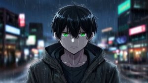 Аниме-персонаж: молодой человек с короткой чёрной причёской и изумрудными глазами, одиноко застыл по