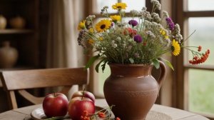 Футаж. Полевые цветы. Ваза. Яблоки.