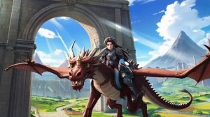 Аниме-фэнтези сцена: девушка-воин на летающем драконе пролетает через массивную арку древнего города