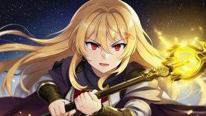 Аниме-аватар девушки-воина с золотыми волосами и алыми глазами, держащей древний магический посох;