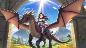 Аниме-фэнтези сцена: девушка-воин на летающем драконе пролетает через массивную арку древнего города